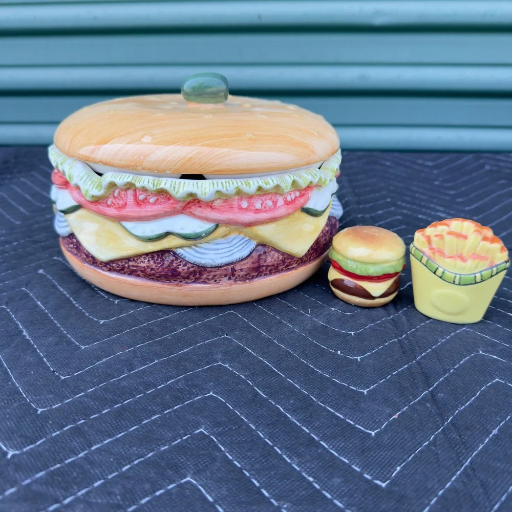 Vintage Ceramic Hamburger Divided Serving Dish with Fry & Burger Shakers Set